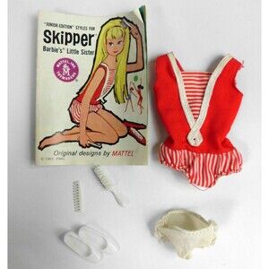 Vintage 1964 Mattel Barbie Skipper Doll #950 Red Striped Swimsuit Booklet Shoes